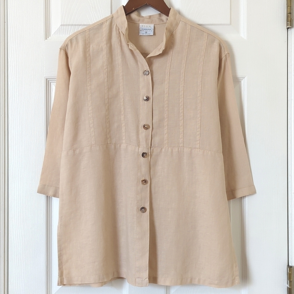 Click by Color Me Cotton 90's Vintage Linen Quarter Sleeve Button Down Shirt Tan